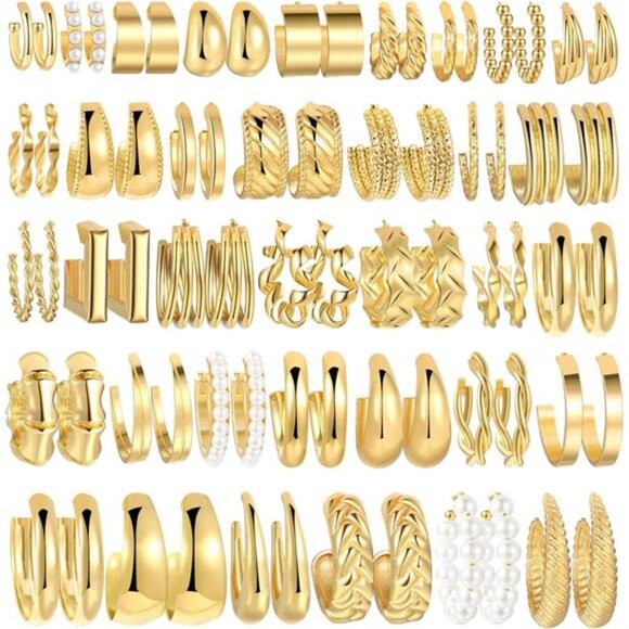 Jewelry - 36 Pairs Gold Hoop Earrings Set for Women, Fashion Chunky Gold Hoop Earrings
